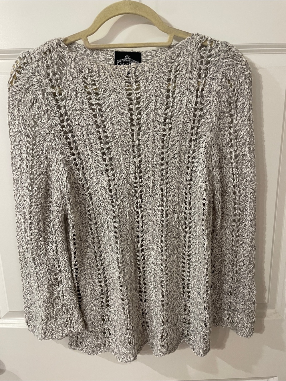 Angie Open-Knit Scoop Neck Sweater in Gray